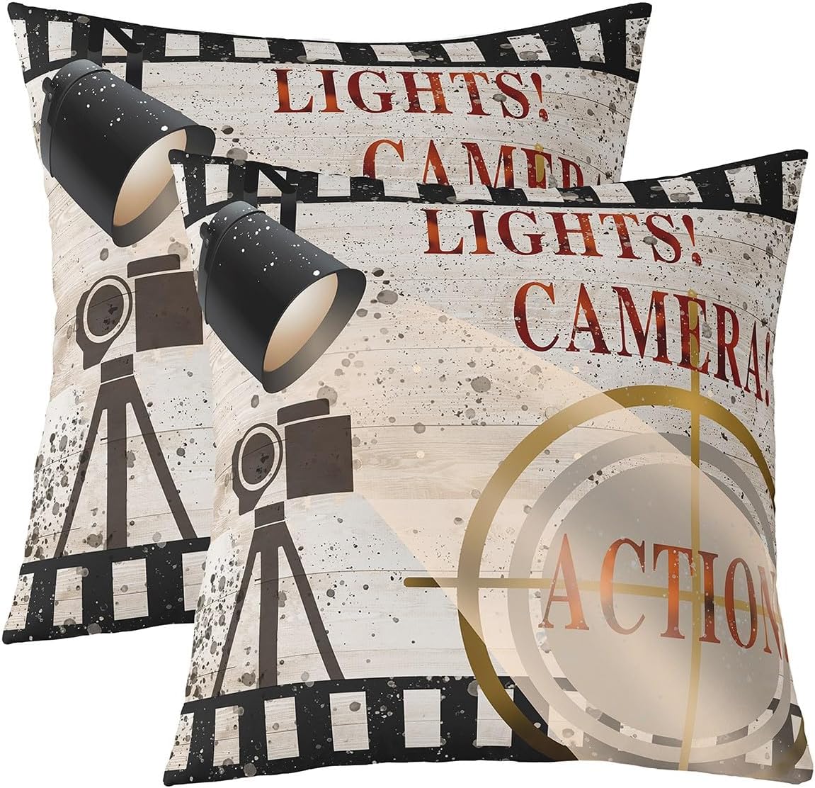 Pack of 2 Movie Theater Theme Decorative Throw Pillow Covers, Soft Cinema Poster Design Square Cushion Case Set for Couch Sofa Bedroom Living Room, Vintage Pillow Cases Pillowcases, 24x24 Inches