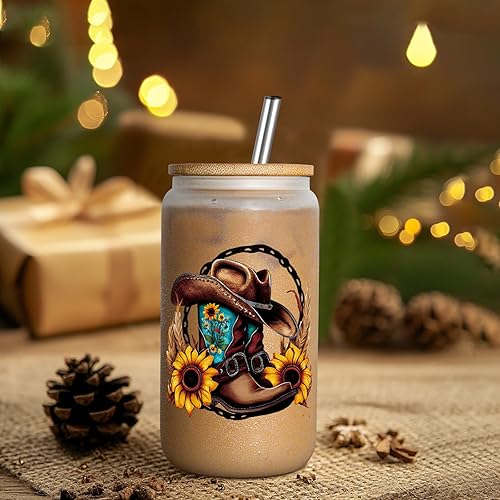 Miniatura 5 de LEADO Tazas de sombrero de vaquera occidental, tazas de vidrio con botas de vaquera, tazas de café helado helado esmerilado de 16 onzas con tapa y