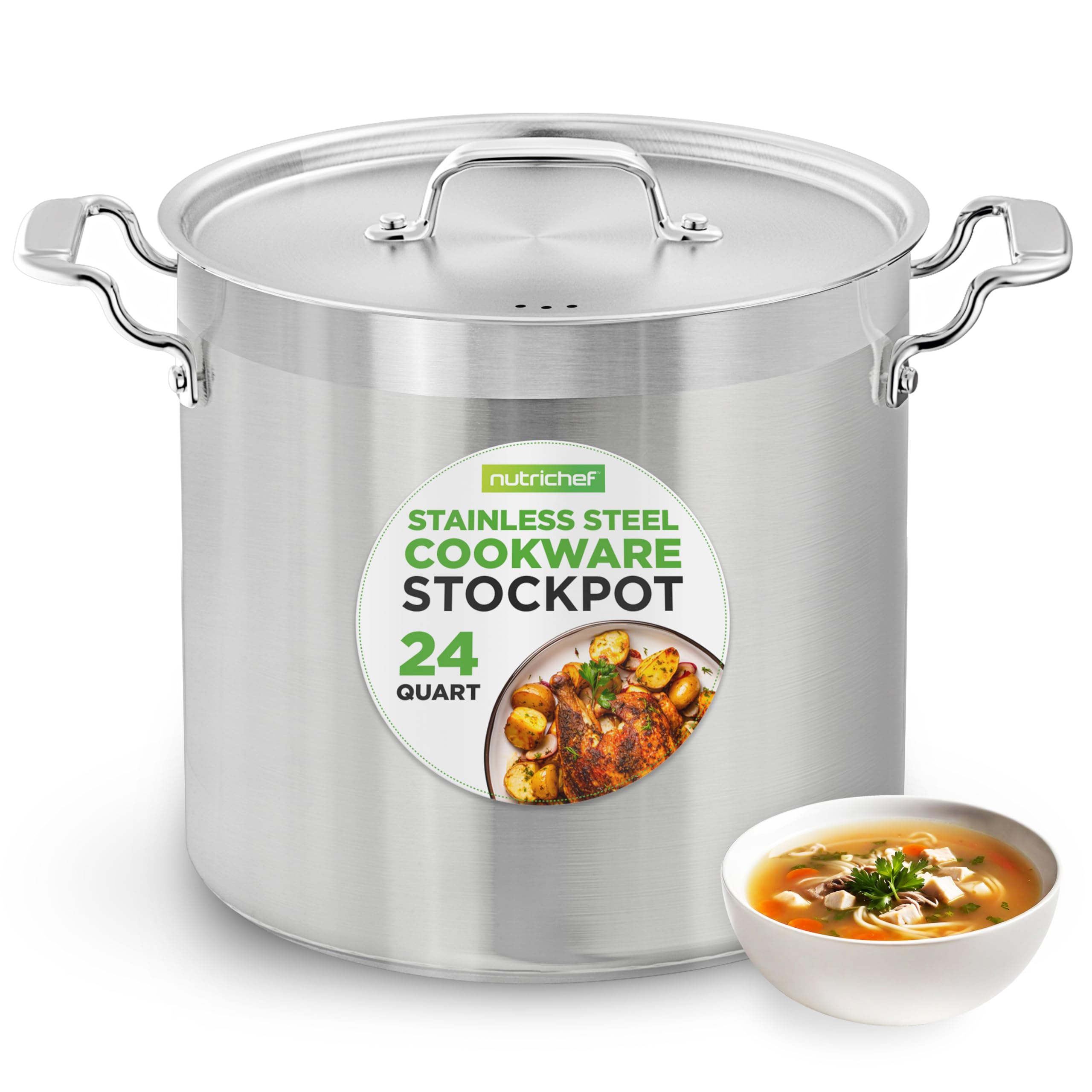 NutriChef Stainless Steel Cookware Stock Pot - 24 Quart, Heavy Duty Induction Soup Pot With Lid, Induction, Ceramic, Glass and Halogen Cooktops Compatible - NCSPT24Q