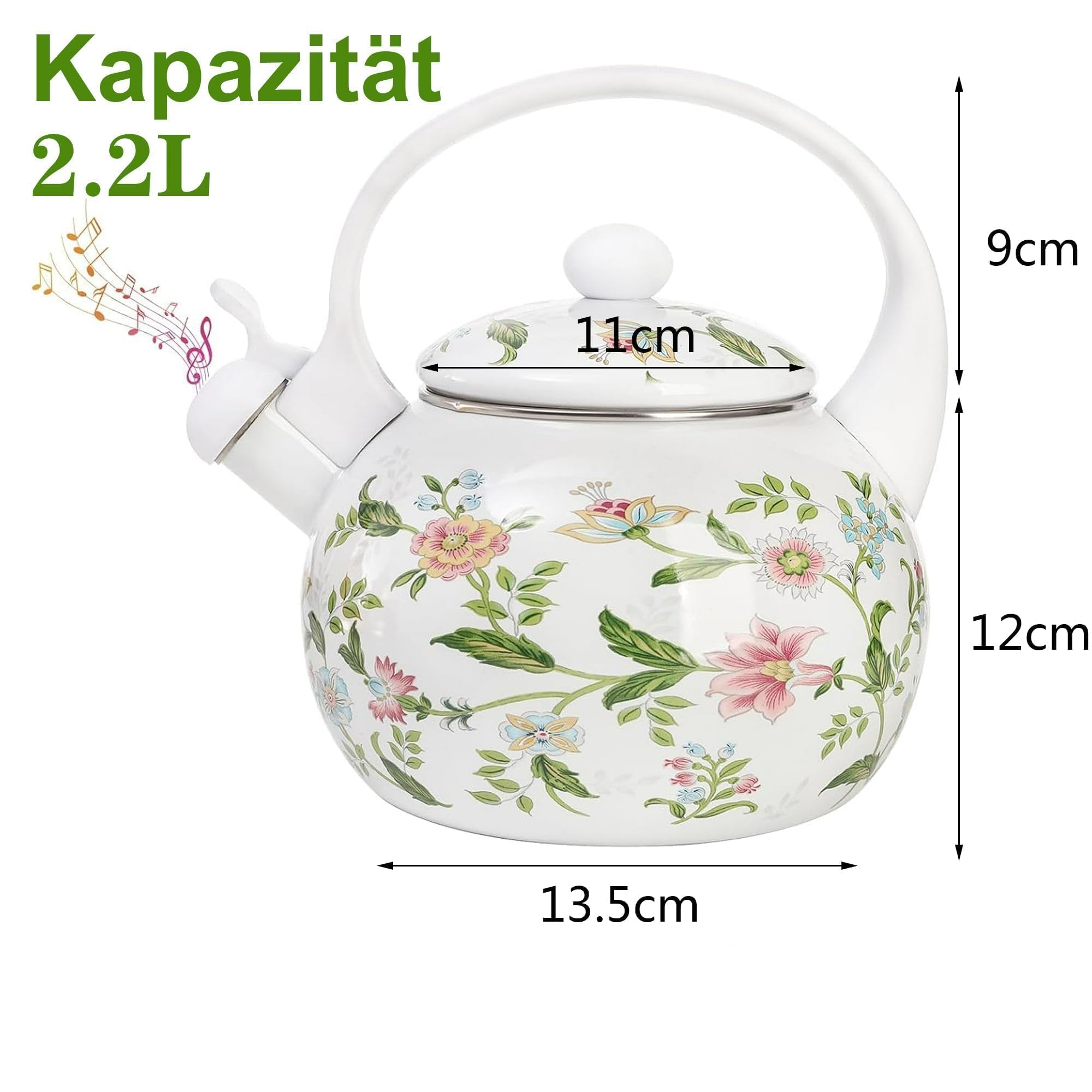 Flötenkessel Emaille für Induktion Retro Pfeifkessel 2.4L