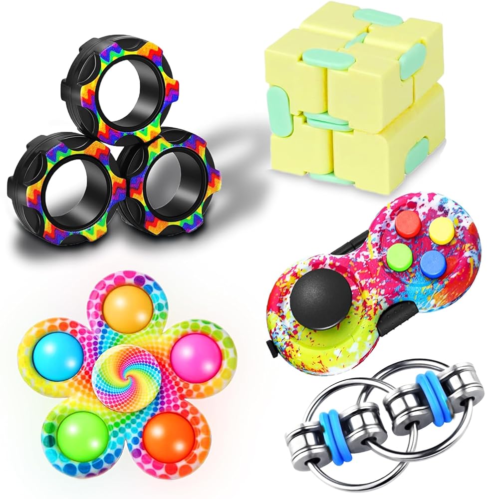 Dr.Kbder 5Pcs Fidget Toys Adults Set, Autism Sensory Pack with figette Cube Magnetic Rings Pad ADHD Stress Relief for Kids Teen, Cool Gadget Desk Spinner Christmas Stocking Stuffer