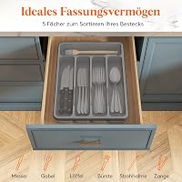 Lifewit Evőeszköztartó Fedéllel, 5 Rekeszes Műanyag Fiókrendező Konyhai Eszközökhöz, 23,5x32,3 cm, Szürke Evőeszköz Szervező Kés/Villa/Kanál 3