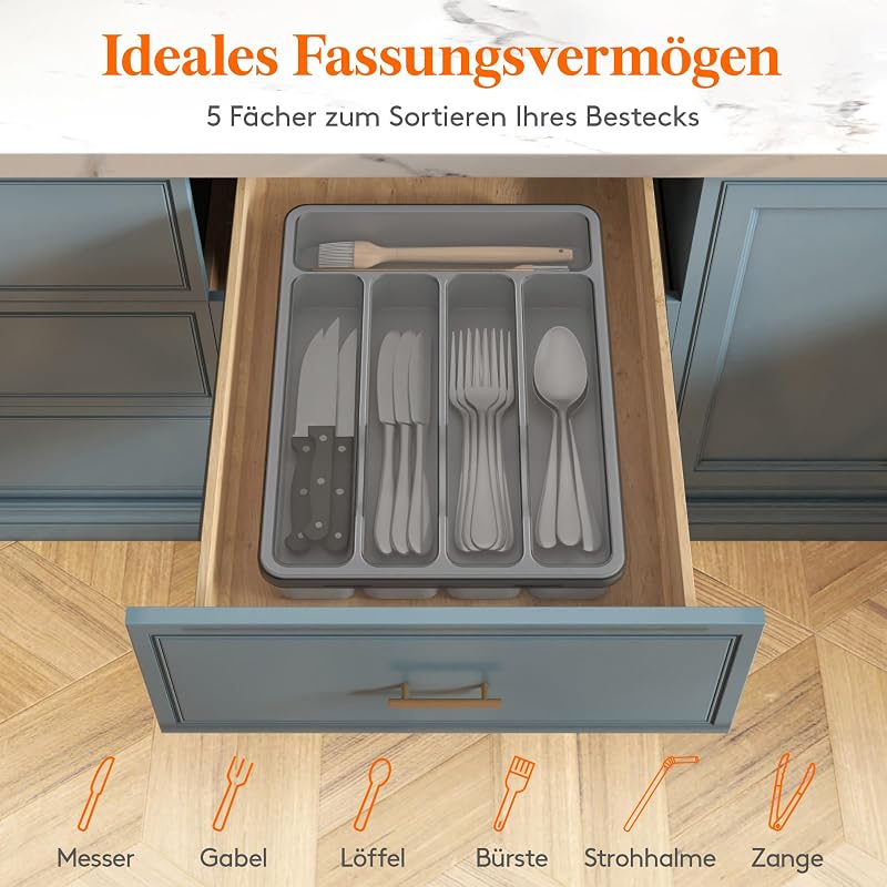 Lifewit Evőeszköztartó Fedéllel, 5 Rekeszes Műanyag Fiókrendező Konyhai Eszközökhöz, 23,5x32,3 cm, Szürke Evőeszköz Szervező Kés/Villa/Kanál