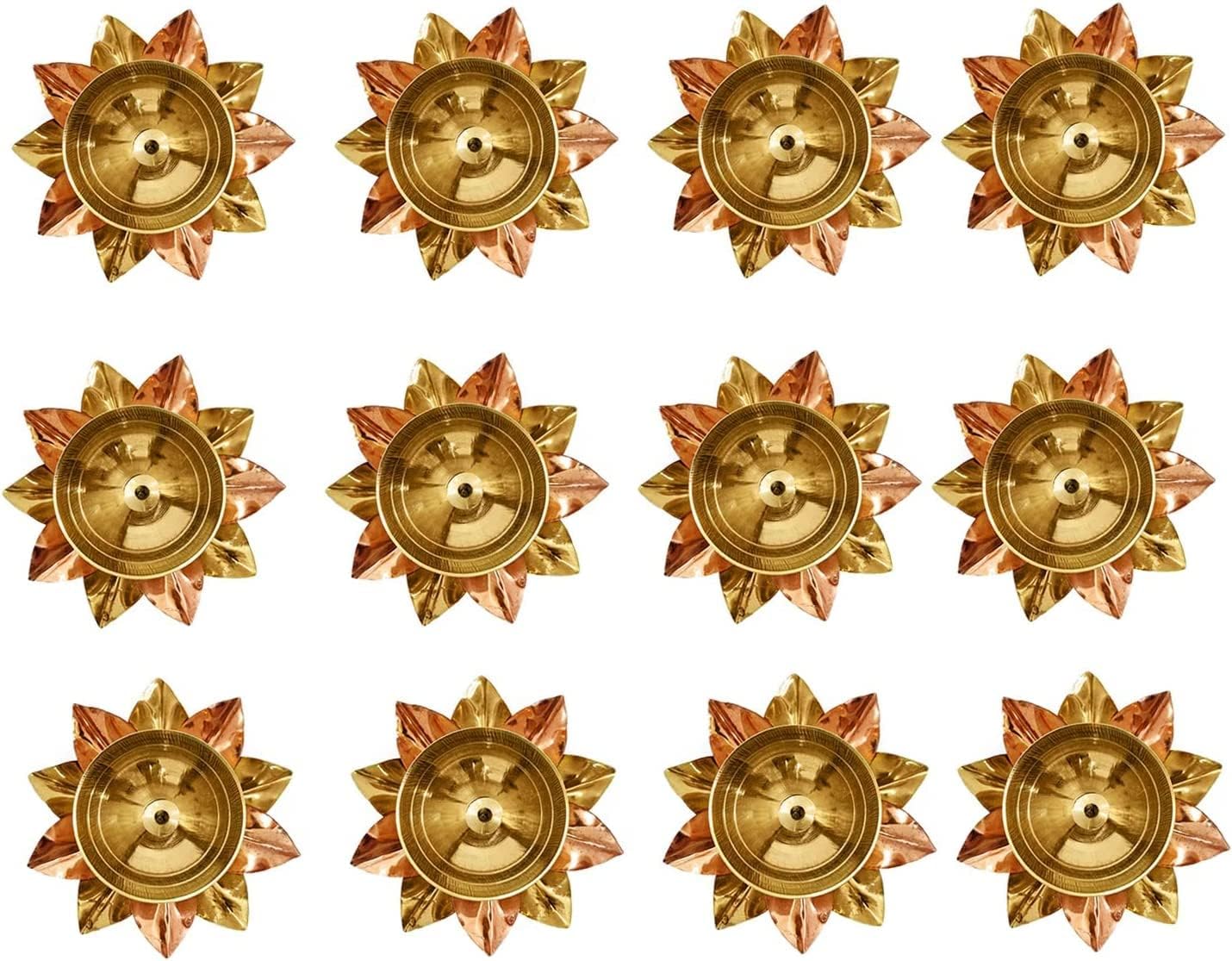 SATVIK 12 Pc Set of Brass Copper Lotus Flower Petals Kamal Shape Metal Akand Diya for Traditional Indian Festive Diwali Deepawali Puja Pooja Dia Home Temple Decoration Oil Lamp Gift Item