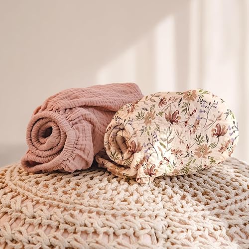 Miniatura 3 de lulumoon Funda para cambiador de muselina paquete de 2 unidades, algodón suave y transpirable, estampado floral bohemio para niñas bebés - guardería