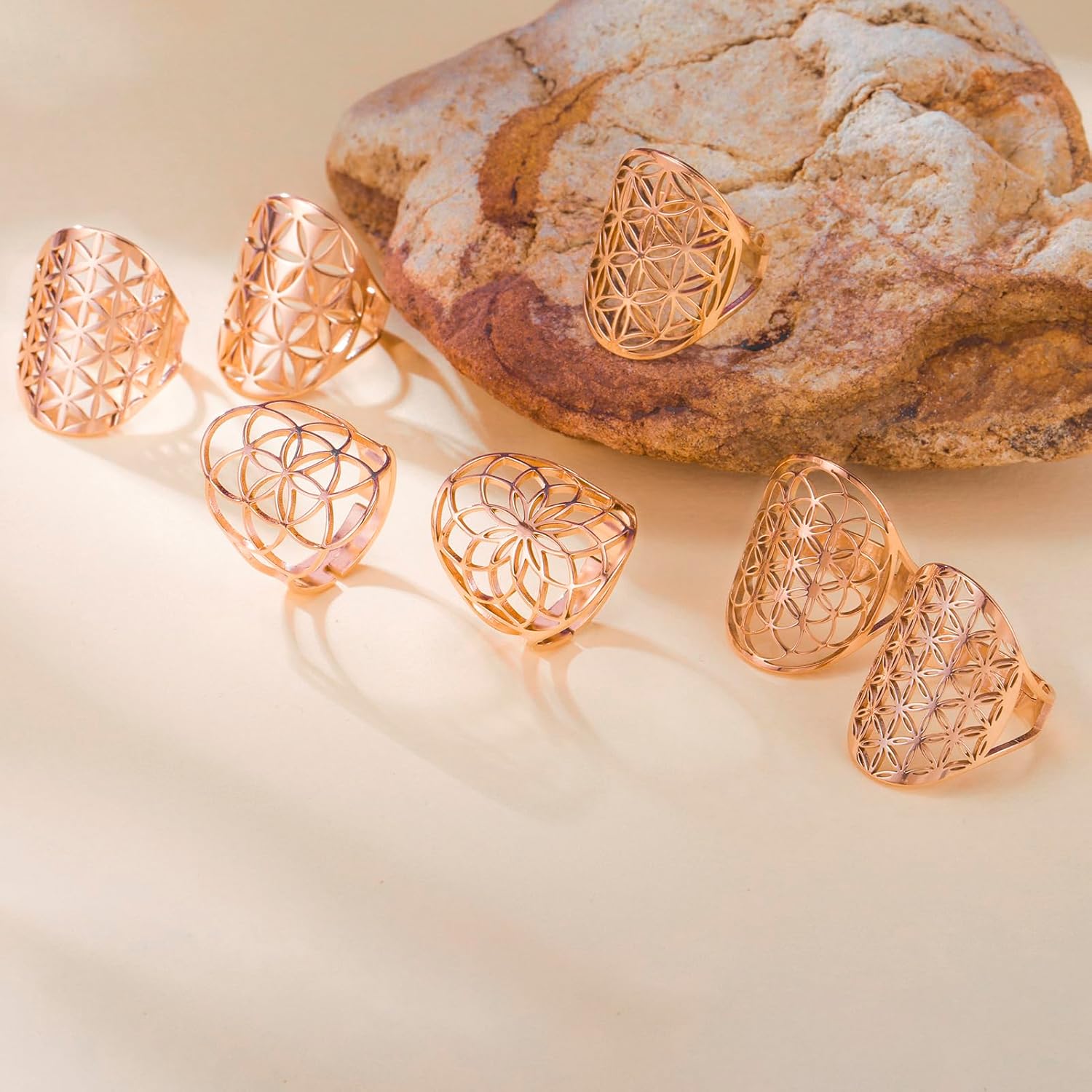 kkjoy Openwork Flower of Life Ring Stainless Steel Adjustable Open Finger Rings Promise Ring Jewelry Gift for Women Charming Ladies - Image 5