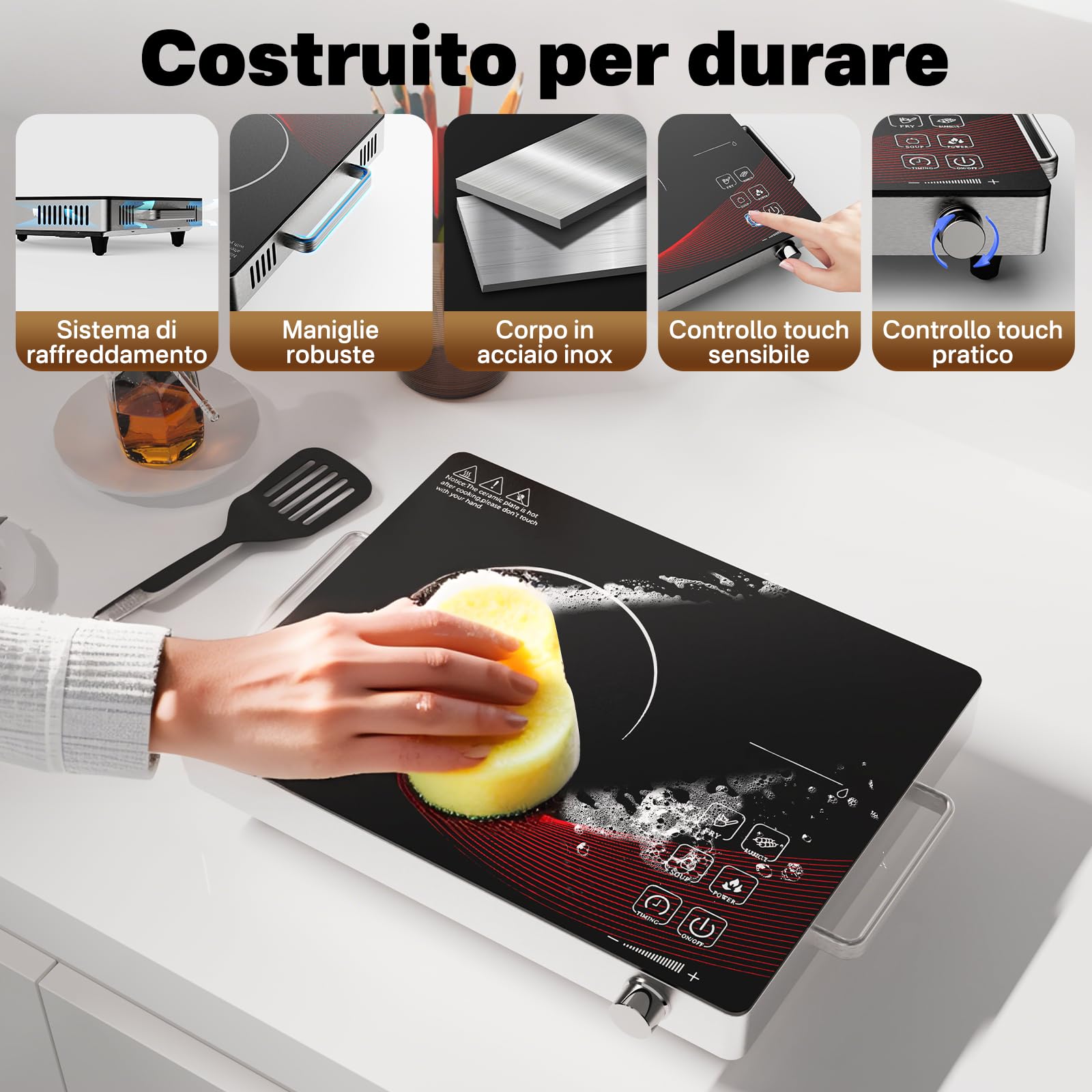 Fornello Elettrico 1 Piastra 2200W, Portatile Infrarossi Piano Cottura Elettrico Vetroceramica con Timer, Singolo Fornello per Campeggio e Casa, Comandi Touch e Manopola Rotante, 220V