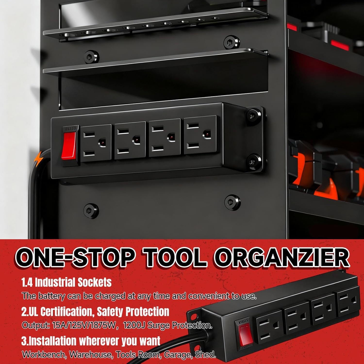 33" W Power Tool Organizer with Charging Station, 4 Layers Heavy Duty Metal Tool Storage Rack Wall Mount 8 Cordless Drill Holder with 4 Power Strip, Battery Organizer for Garage, Workbench,Tool Room