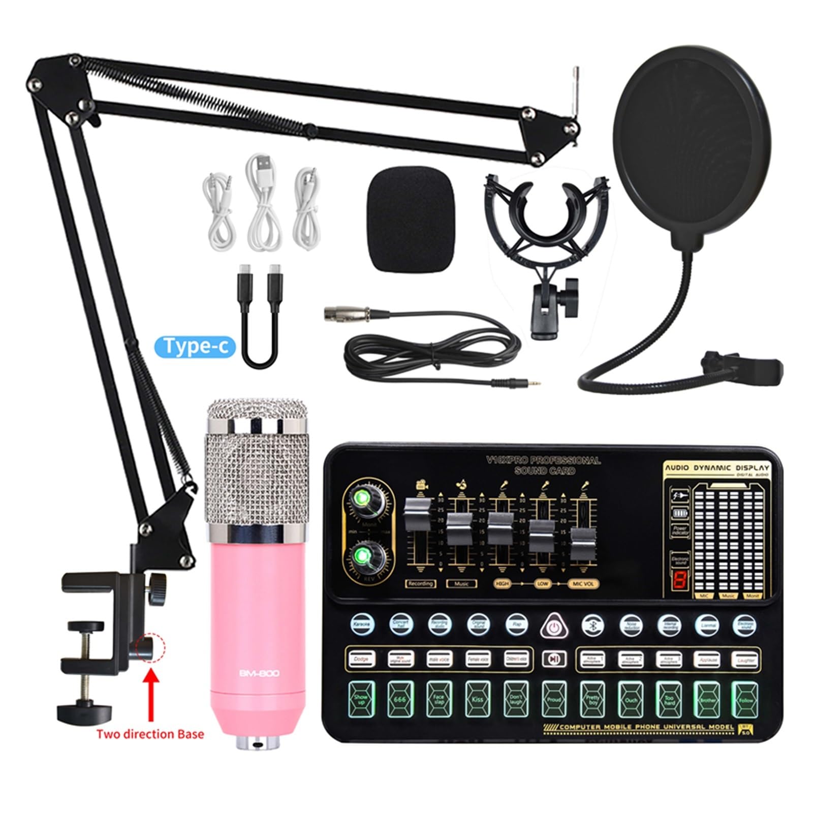Soundkarten-Kit Professionelles Kondensatormikrofon BM 800 Drahtlose Bluetooth V10 PRO Soundkarte für PC Computer Telefon Karaoke Live-Gesang Gaming Studio Setu，White Bm800 1
