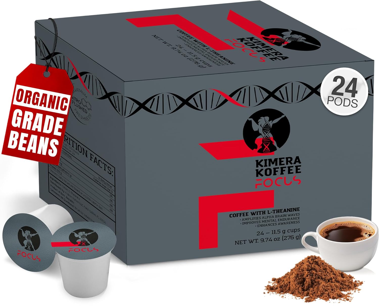 Kimera Koffee Focus Blend – Organic Light Roast Nootropic Ground Coffee Pods with L-Theanine, 24 Count