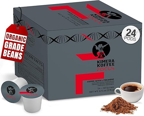 Kimera Koffee Café molido orgánico, mezcla focal, tostado ligero infundido con L-teanina, paquete de 24 cápsulas de café