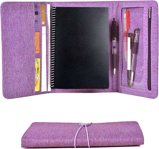 Folio Cover for Notebook Fusion, Cloth Fabric, Multi Organizer Men & Women Folder with Pen Loop/Phone Pocket/Business Card Holder, fits A5 Size Notebook (Purple)