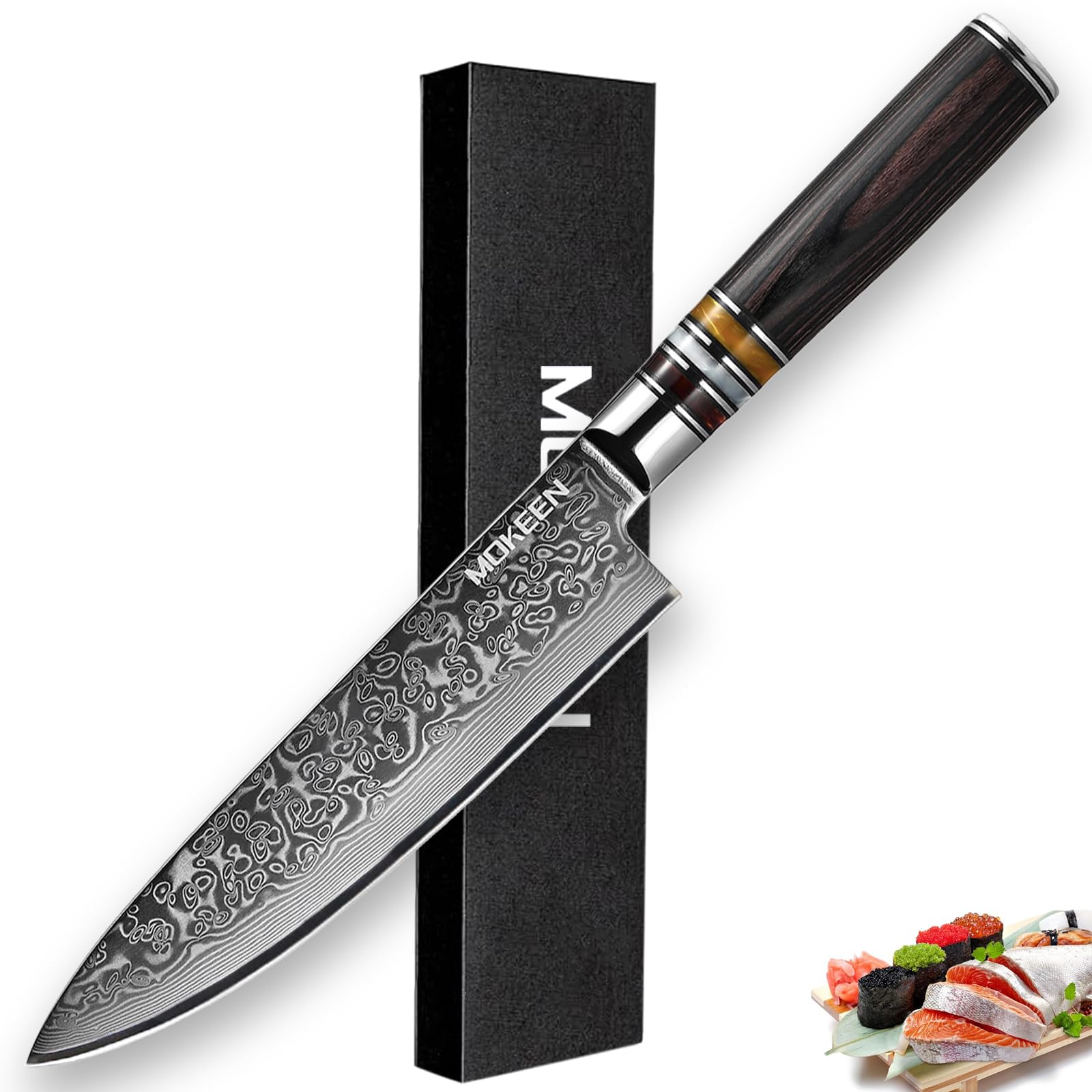 MOKEEN Chef Knife 8 Inch, Professional Kitchen Knife 67 Layers VG10 Damascus Cutting Knife Chopping for Home Kitchen Wood Handle, Full Tang, Gift Box