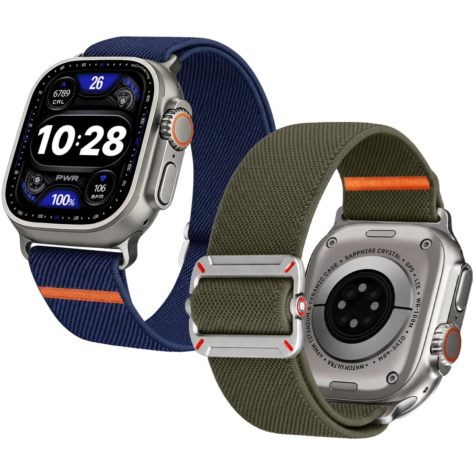 Fullmosa 2 Stück Nylon Sport Armband Kompatibel mit Apple Watch Ultra 3/2/1 49mm, Series 11/10 46mm, 9/8/7 45mm, SE/6/5/4 44mm, Atmungsaktives Solo Loop Sportarmband für Herren (Dunkelblau & Olivgrün)