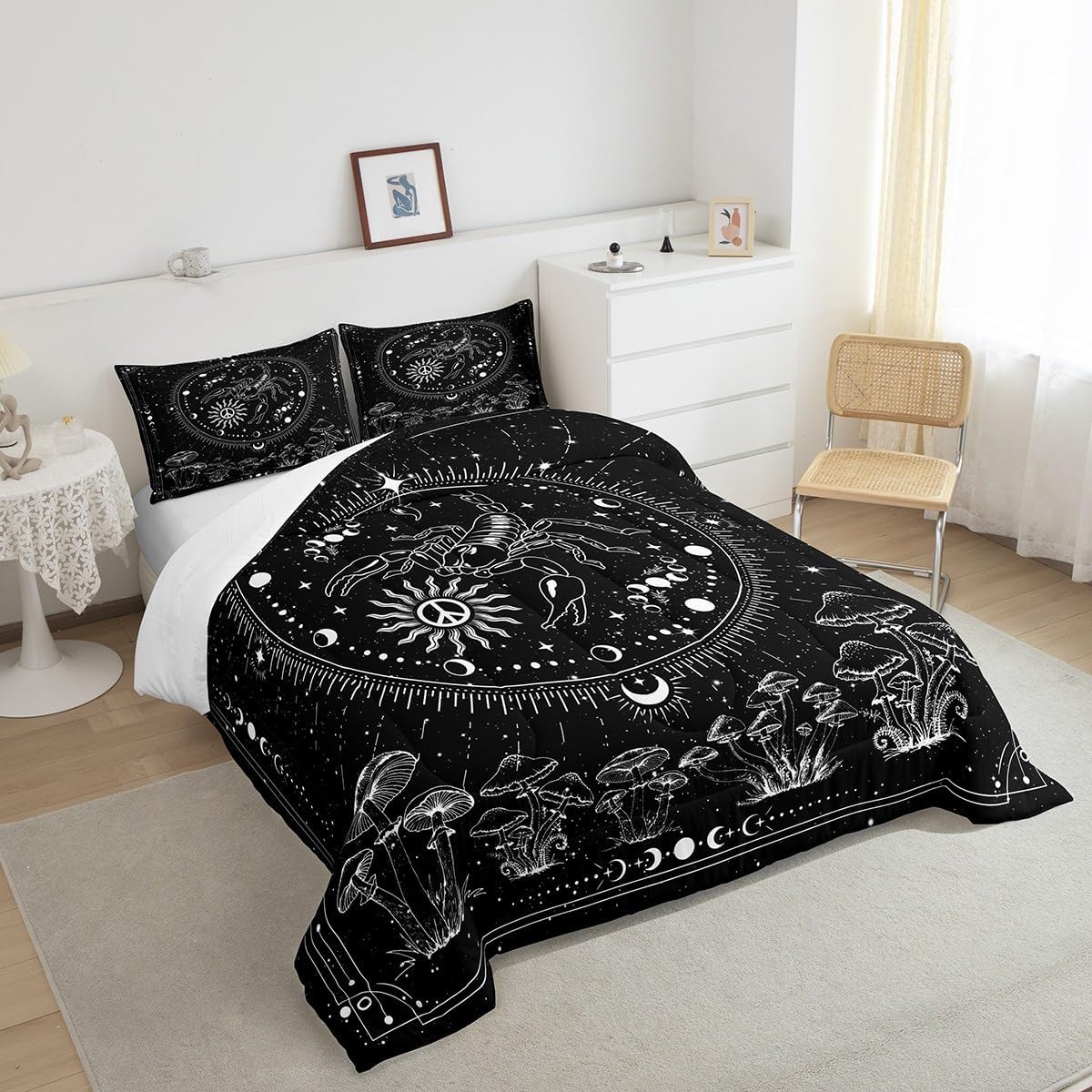Castle Fairy Scorpio Wild Animal Twin Size Comforter Set for All Seasons,Bohemian Starry Galaxy Universe Bedding Set Teens Bedroom Decor,Wild Mushroom Plant Comforter Inner Fill with 1 Pillowcase
