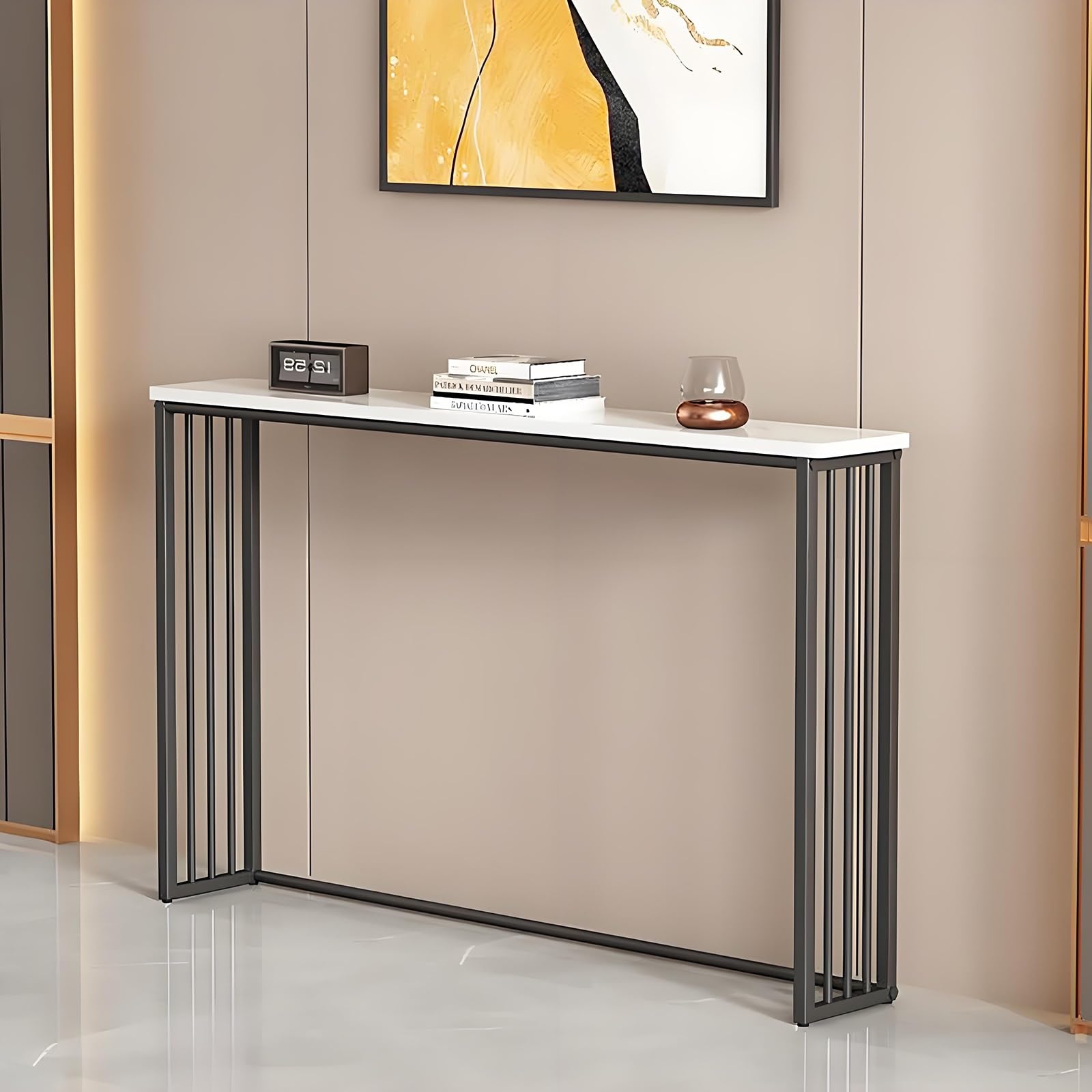 Mesa consola moderna de madera maciza natural y acabados metálicos premium en dorado