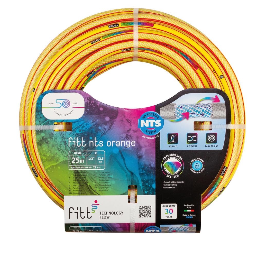 FITT NTS Orange 1/2" (12,5mm) 20m - Strong and malleable Bright Yellow Garden Watering Hose for Intensive Use, Featuring Exclusive Technologies
