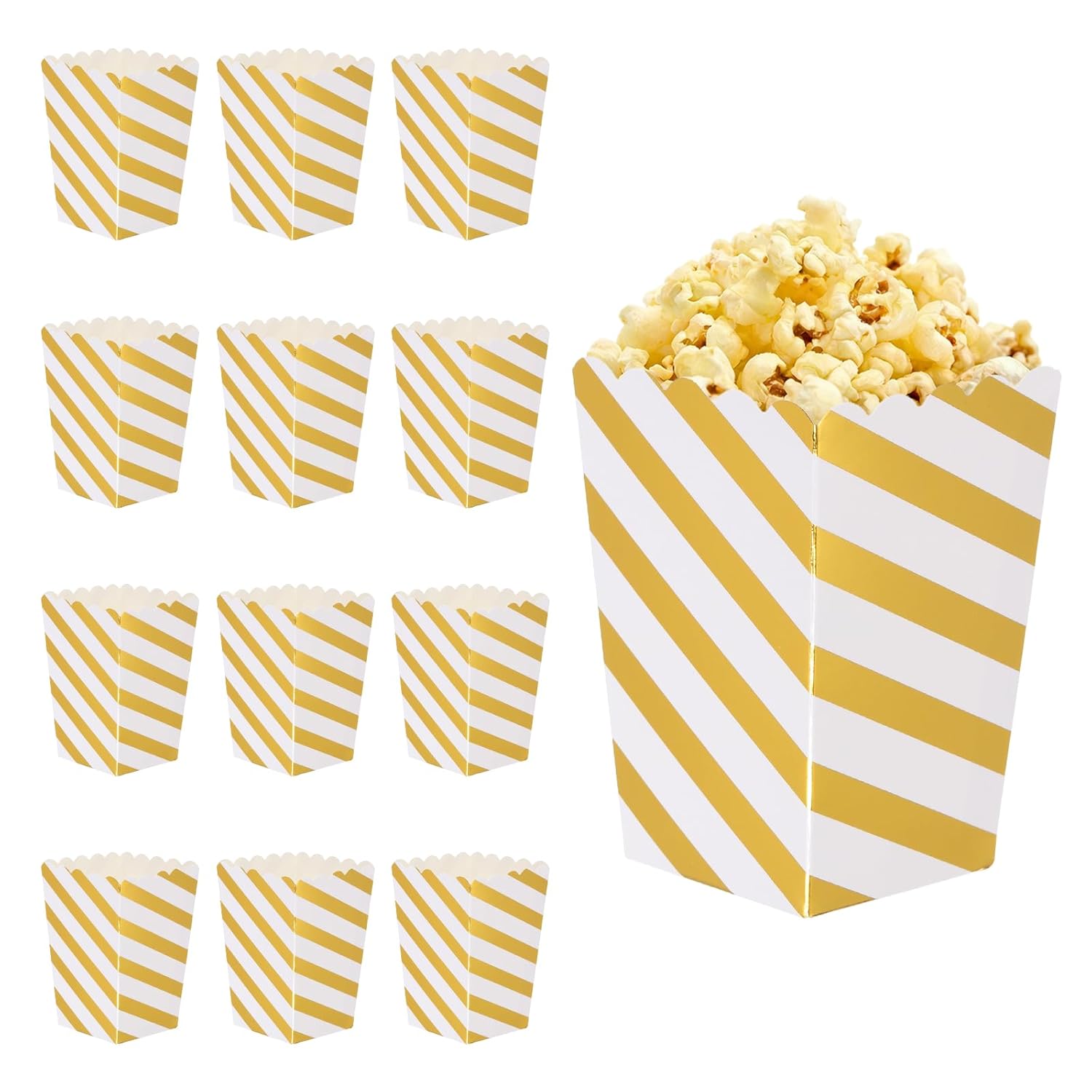 uxcell 12 Pcs Popcorn Boxes, 3 Inch Popcorn Containers, Movie Night Supplies Cups Holders Diagonal Stripe Pattern for Cinema Carnival Party Families Movie Theater, Gold