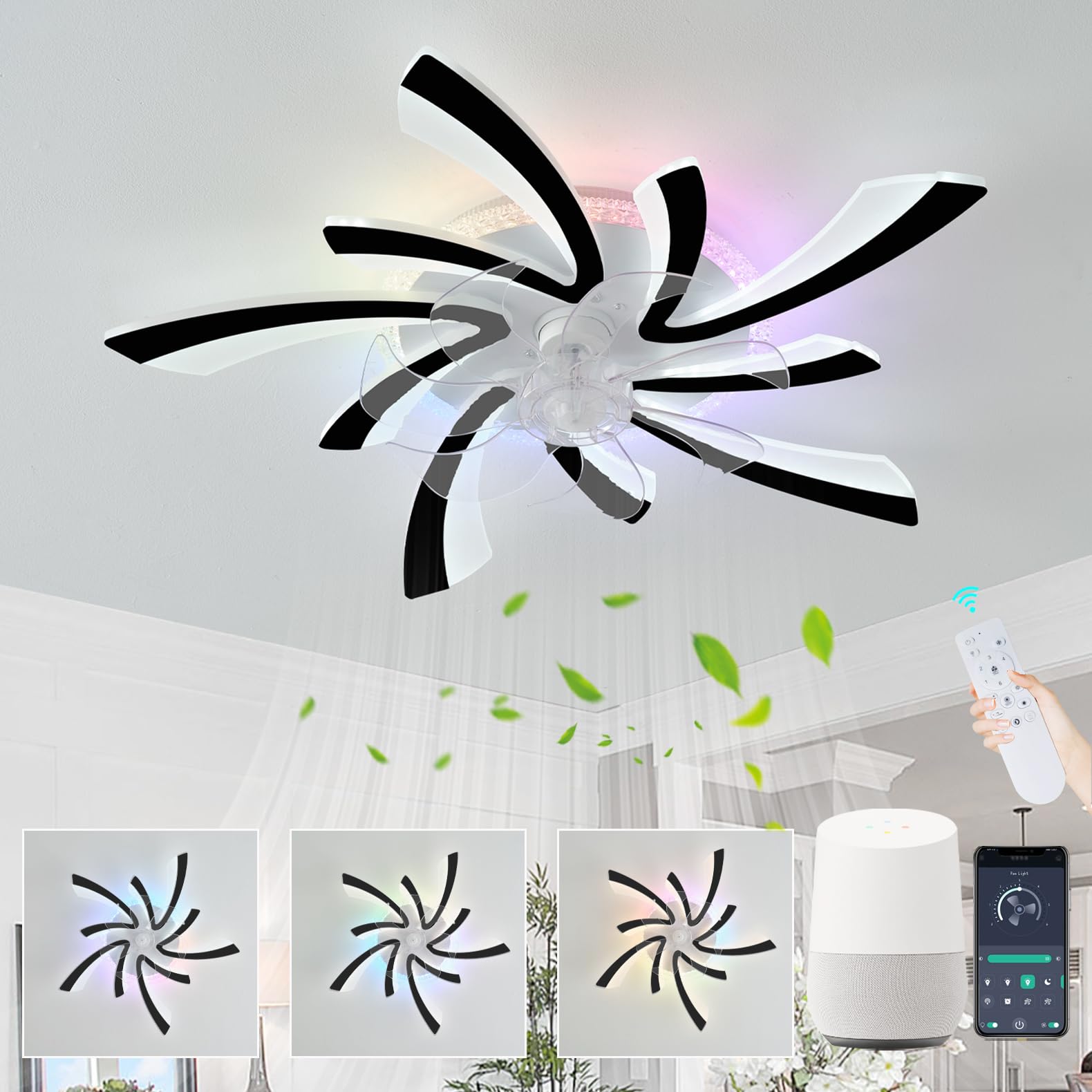 GWYAJTU RGB Ceiling Fans with Lights Alexa Compatible, Modern Flower Silent Light with Fan LED Dimmable, 6 Speed DC Motor Reversible Ceiling Fans with Lamps for Bedroom Living Room-Black