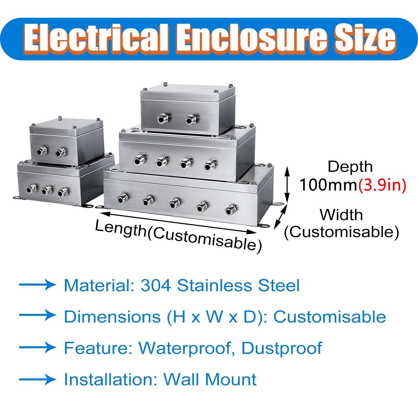 Caja Electrica Exterior Caja Eléctrica De Acero Inoxidable 304 Resistente A La Intemperie para Exteriores, con Prensaestopas para Uso Residencial Y Industrial.(400x200mm/15.7x7.9in)
