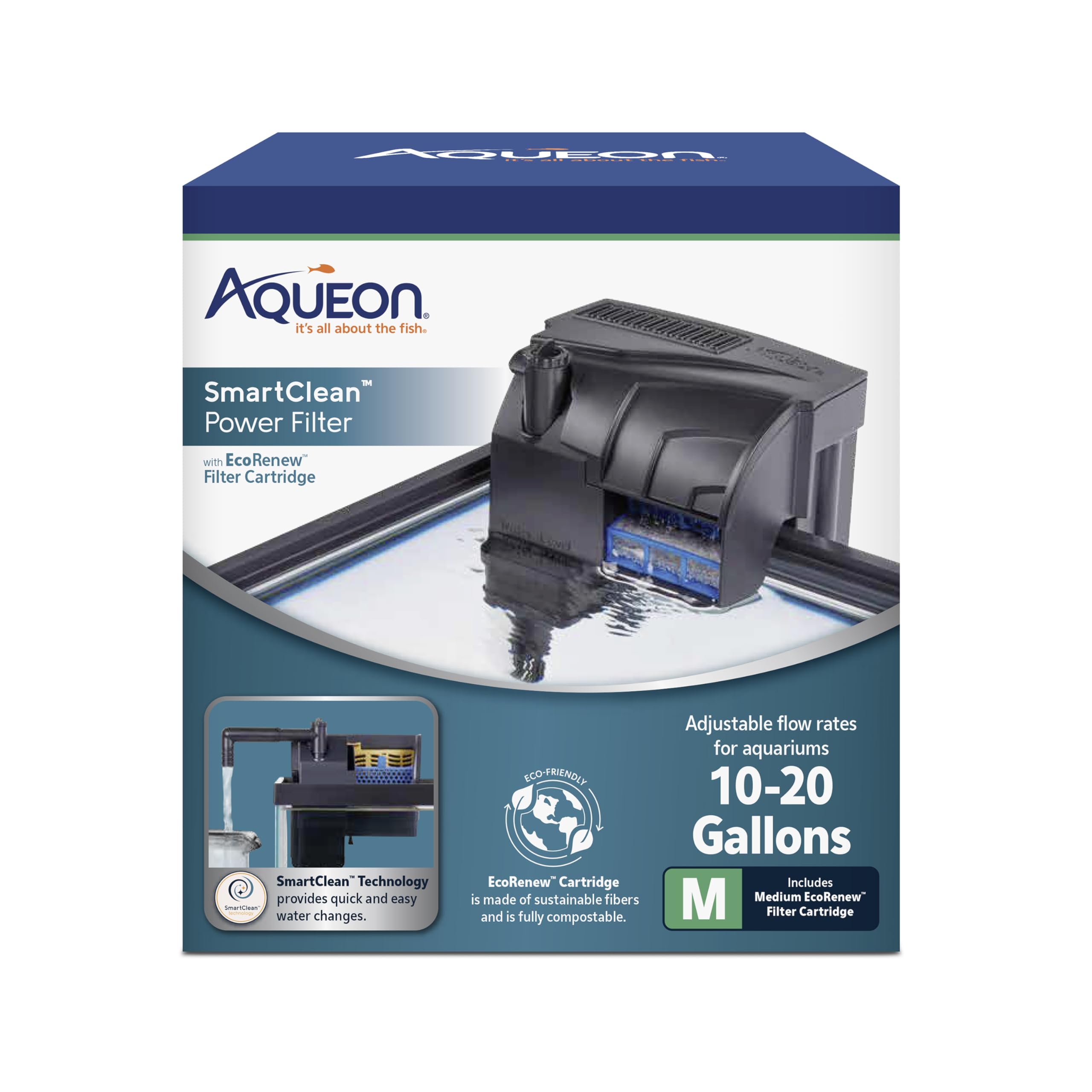 Aqueon SmartClean Power Filter with EcoRenew Filter Cartridge, Quick and Easy Water Changes, Quiet Operation, Adjustable Flow, for 10-20 Gallon Freshwater and Saltwater Aquariums, Medium