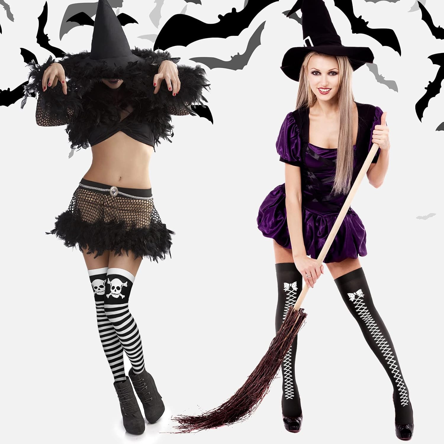 Geyoga 8 Pairs Thigh High Stockings for Women Gothic Skeleton Spooky Socks over Knee Long Socks for Halloween Cosplay