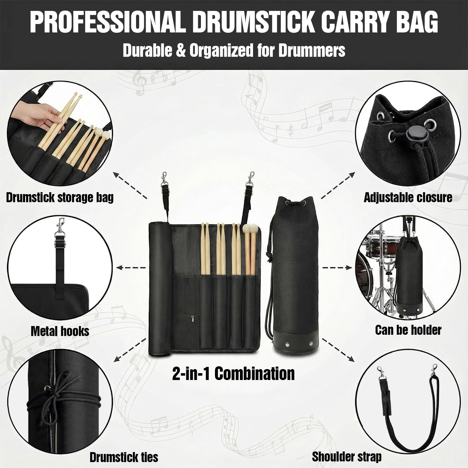 Drum Stick Bag and Holder, Crossbody Shoulder Strap Portable Drumstick Bag 1 Storage Bags and 1 Holder Kit Gifts for Drummers, Beginners, Black