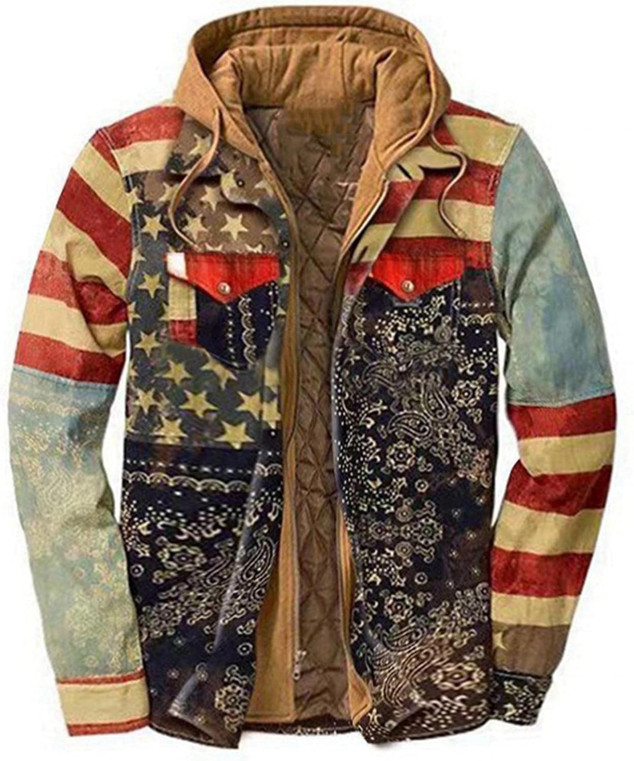 QWENTMTNTY Men's Fleece Quilted Lined Flannel Shirt Jackets Casual Button Down American Flag Hoodie Jackets Zip Vintage Sweatshirt
