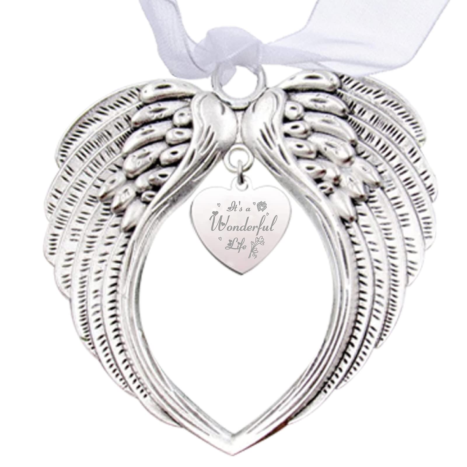 CREATCABIN 2Pcs Wing Memorial Christmas Ornament Angel Wing Gifts Heart Tree Hanging Pendants for Christmas Thanksgiving Gift Decorations Home Party With Silk Ribbon-It's A Wonderful Life