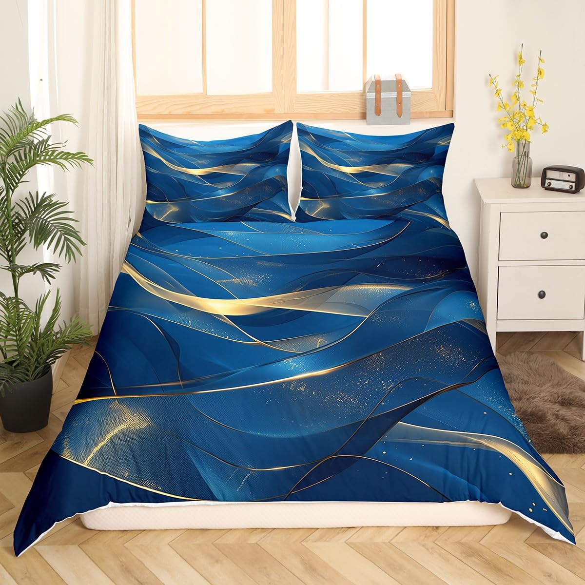 Homewish Housse de Couette 220x240 Bleu Marine et Or, Parure de Lit Enfant Adulte Imprimée Esthétique Abstraite du Marbre, Sets de Housses de Couettes Abstrait Aquarelle Couvre Lit Moderne