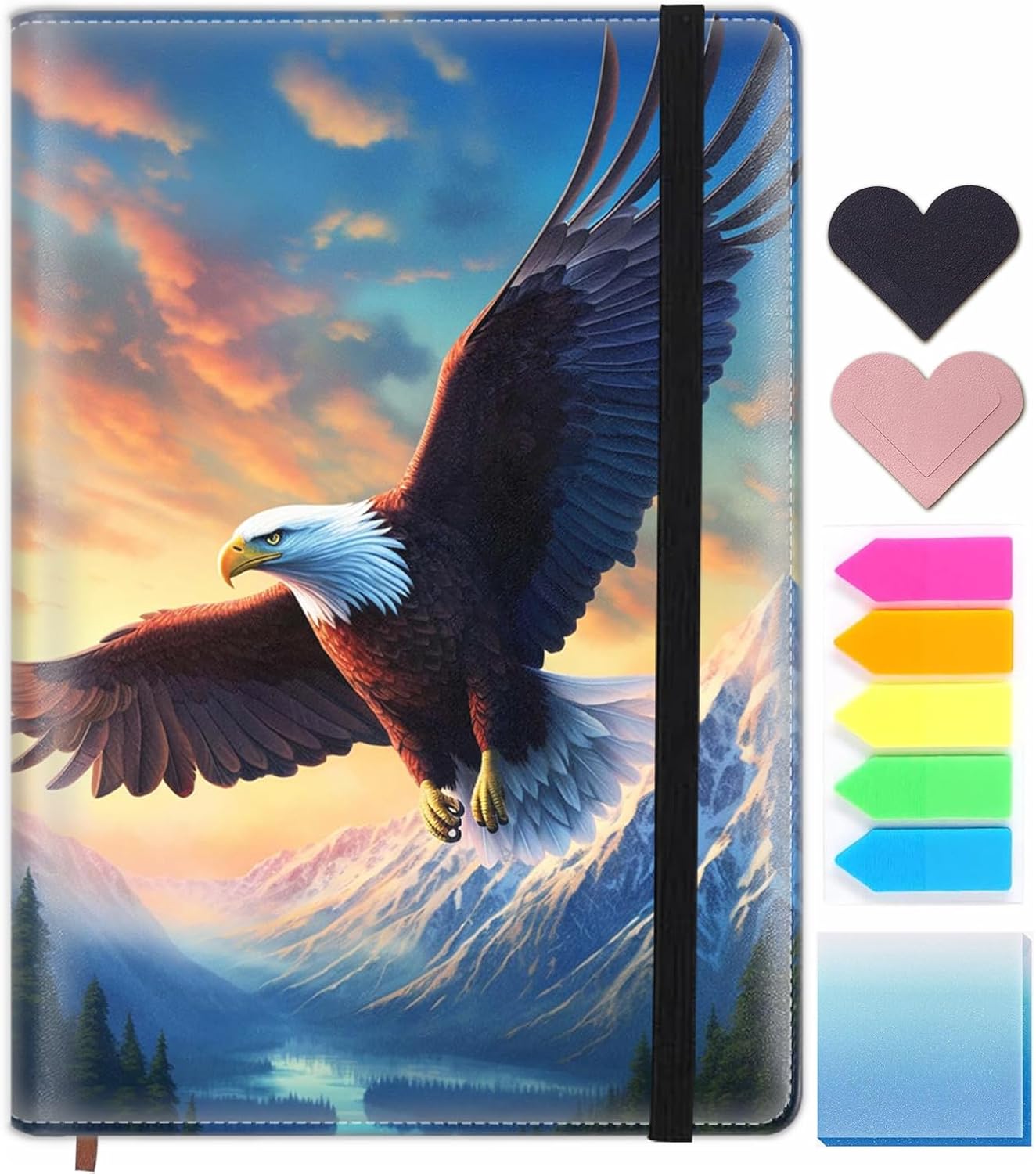 Lined Journal Notebook, 200 Pages A5 Leather Hardcover Notebooks with Bookmarks/Indexes, Classic with Pen Loop Notebook Journals for Women Men Office School，Flying Bald Eagle