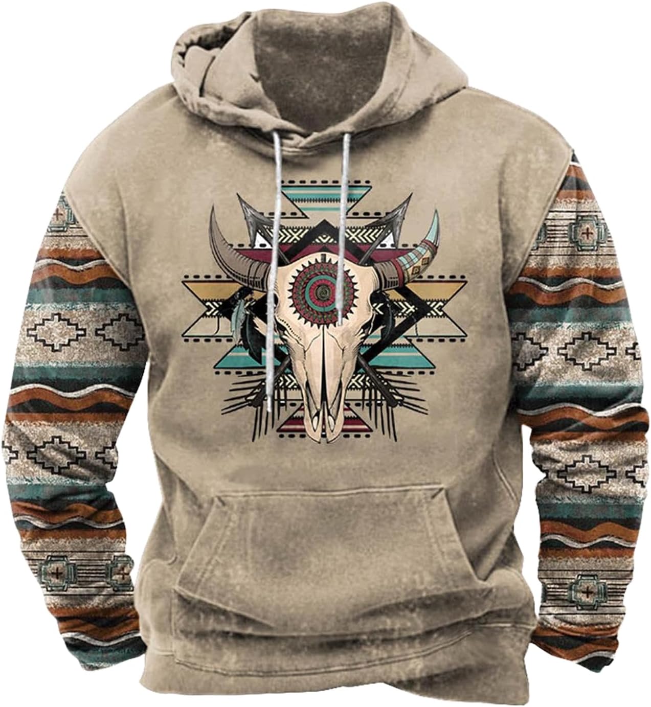 Western Hoodie for Men Aztec Cowboy Printed Drawstring Pullover Hooded Sweatshirt Mens Comfy Fleece Sweatshirt