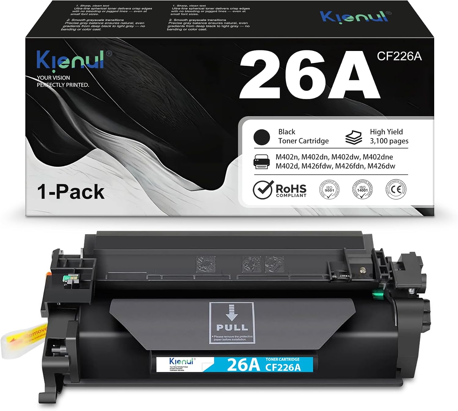 26A Toner Cartridge CF226A, 1-Pack 26A Black Toner Replacement for HP Pro M402n M402dn M402dw M402dne M402d, Pro MFP M426fdw M426fdn M426dw Series Printer