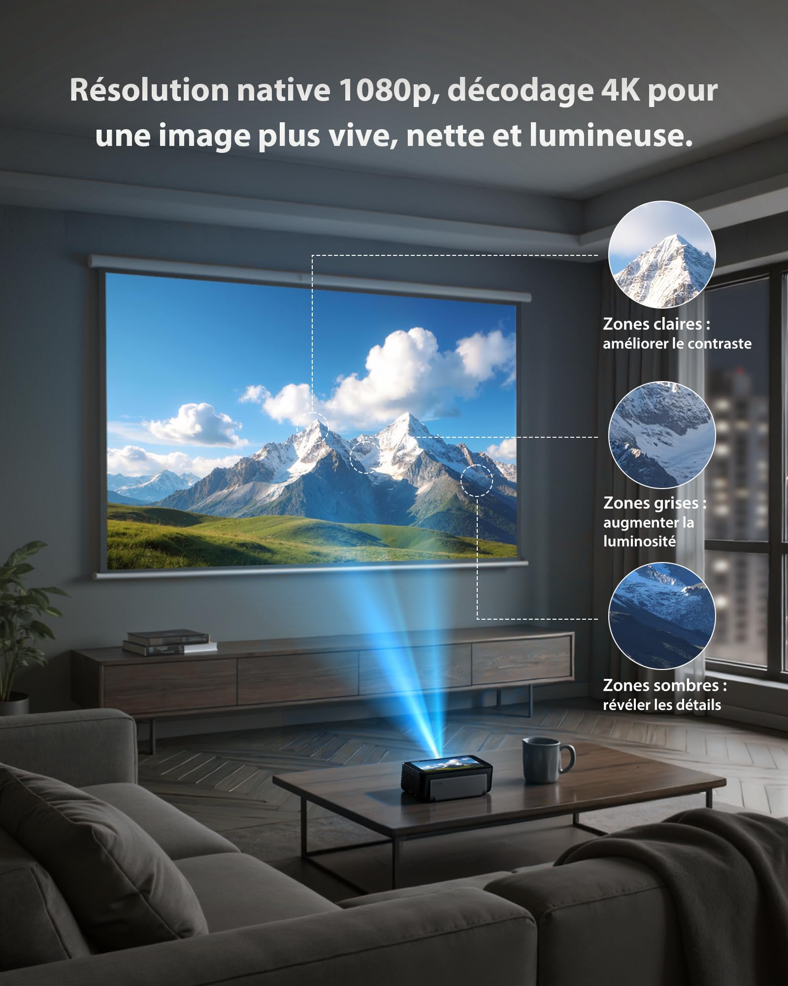 Videoprojecteur 4K avec 64 Go de Stockage, Batterie intégrée, Android 12, Smart Projecteur Video Portable Auto Focus/Keystone, Téléchargement d’Applications, Pivotant à 90° - Noir