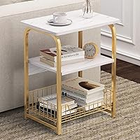 Vista 4 de Mesa auxiliar auxiliar de mármol blanco de 3 niveles con estante de almacenamiento, mesa de metal para aperitivos, mesa pequeña para balcón