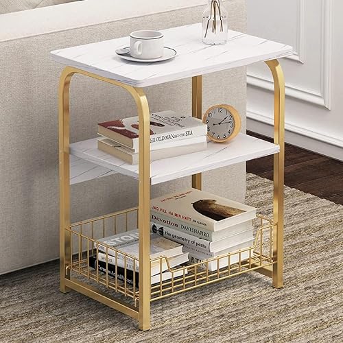 Miniatura 4 de Mesa auxiliar auxiliar de mármol blanco de 3 niveles con estante de almacenamiento, mesa de metal para aperitivos, mesa pequeña para balcón,