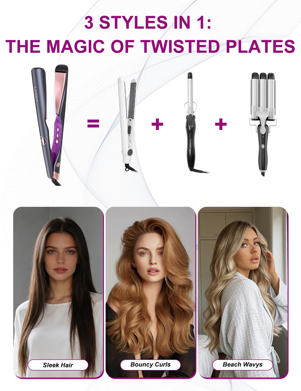 Glätteisen Locken und Glätten 2 in 1: LANDOT Haarglätter Lockenstab - Geschwungene Stylingplatten zum Glätten Locken Wellen - Verstellbarer Temperatur 120℃-230℃