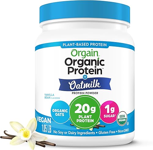 Orgain - Proteína orgánica vegana en polvo + leche de avena, vainilla - 20g de proteína vegetal, sin gluten, sin lácteos, sin soja ni lactosa, baja