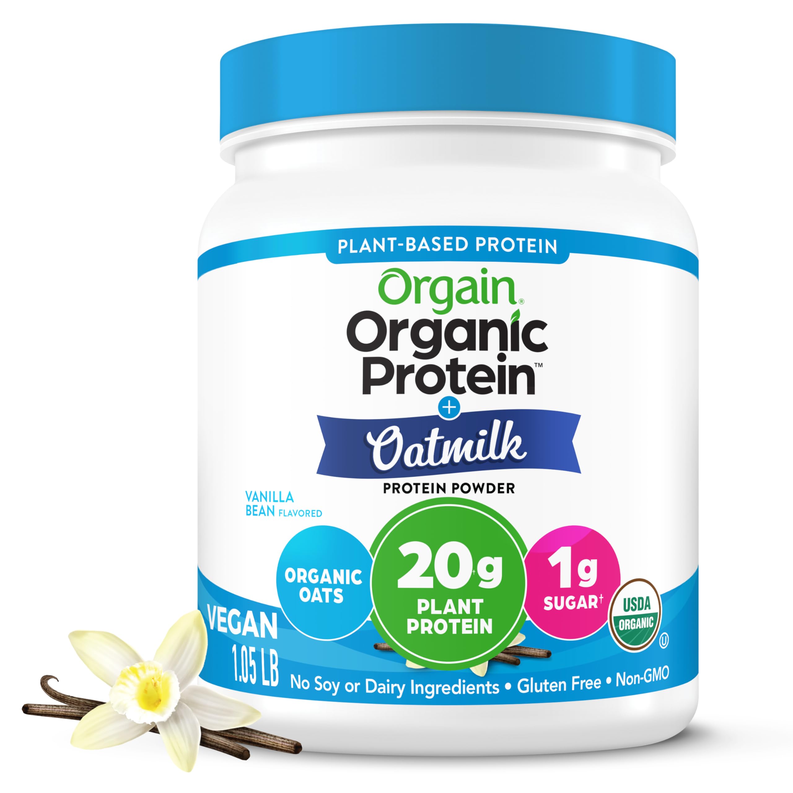 Organic Vegan Protein Powder + Oat Milk, Vanilla Bean - 20g Plant Based Protein, Gluten Free, No Dairy, Soy or Lactose Ingredients, Low Sugar, Non-GMO, Kosher, For Shakes & Smoothies - 1.05lb