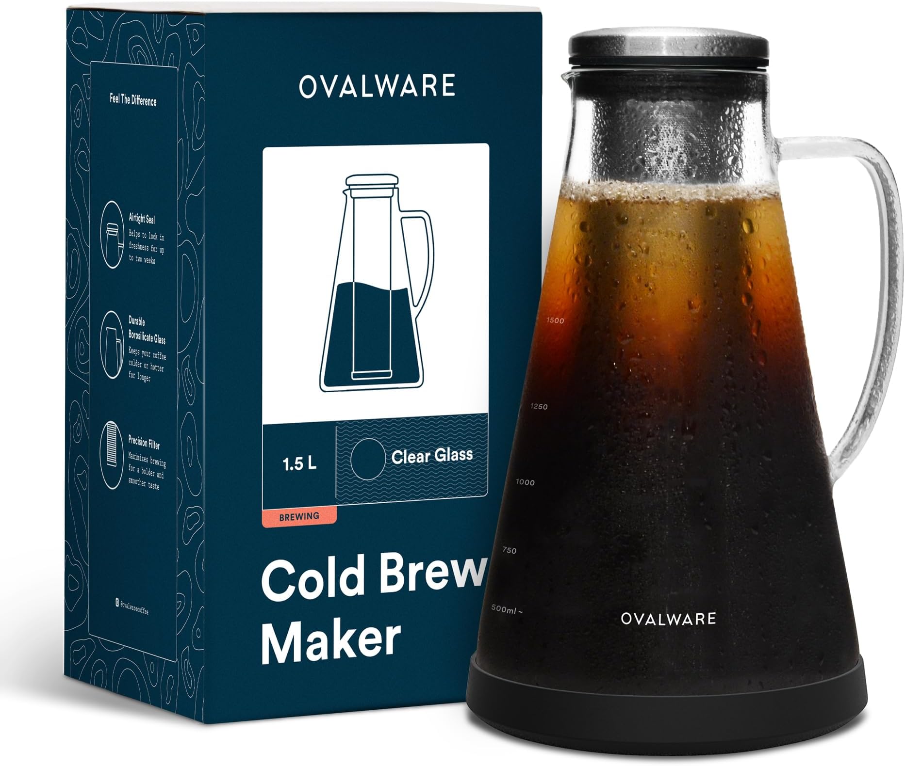 OVALWARE Airtight Cold Brew Iced Coffee Maker Pitcher (& Iced Tea Maker) with Spout – 1.5L/ 51oz Brewing Glass Carafe with Removable Stainless Steel Filter