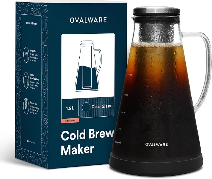 OVALWARE airtight cold brew coffee maker with tea infuser and spout, 1.5 litre