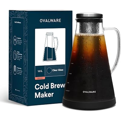 OVALWARE Airtight Cold Brew Iced Coffee Maker Pitcher (& Iced Tea Maker) with Spout – 1.5L/ 51oz Brewing Glass Carafe with Removable Stainless Steel Filter