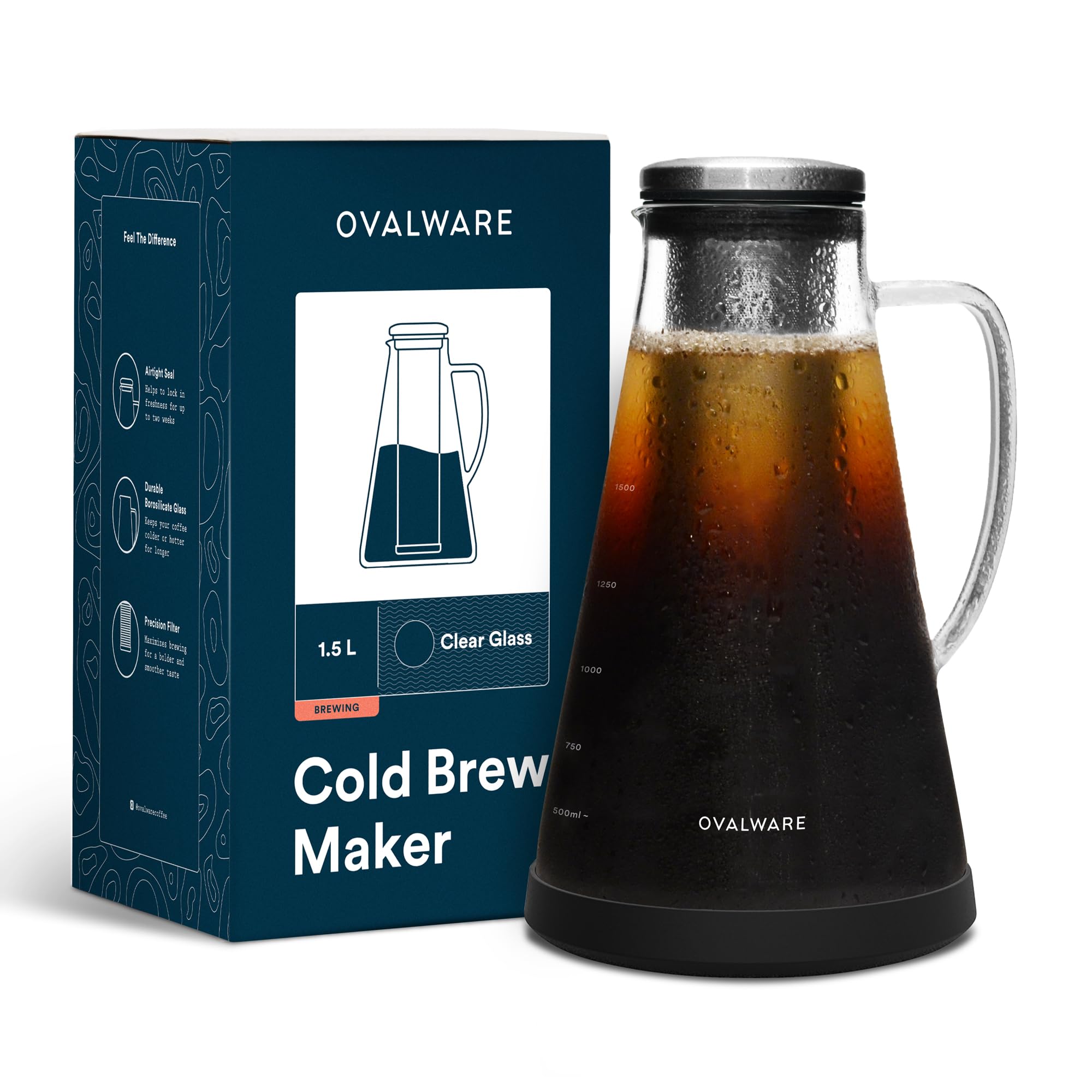 ovalware Airtight Cold Brew Iced Coffee Maker (& Iced Tea Maker) with Spout – 1.5L/ 51oz RJ3 Brewing Glass Carafe with Removable Stainless Steel Filter