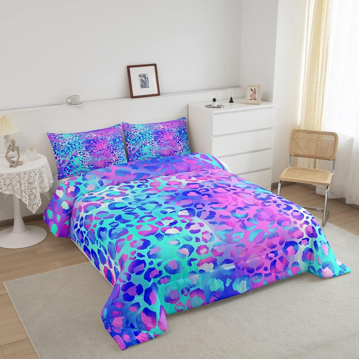 Feelyou Colorful Leopard Comforter Blue Purple Pink Toddler Bedding Set Stylish Wild Animal Soft Girls Women Spotted Decor Quilt with 2 Pillowcases 3Pcs King image 2