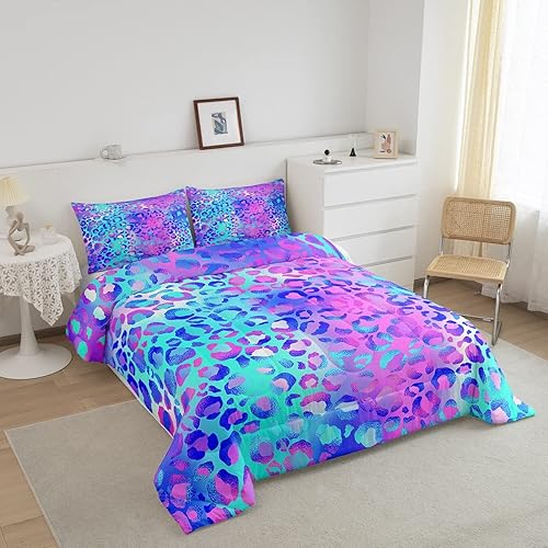 Miniatura 2 de Feelyou Juego de edredón colorido de leopardo azul, morado, rosa, leopardo, juego de ropa de cama para niños pequeños, elegante juego de edredón