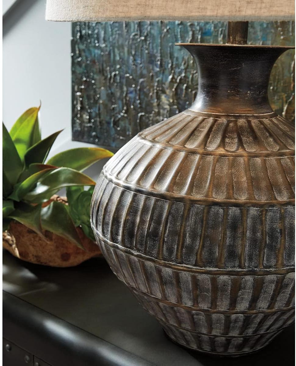 BOWERY HILL Metal Table Lamp, 29" Height, Antique Bronze Finish, Textured Base, Drum Shade, 3-Way Switch, UL Listed, Decorative Lighting for Living Room or Bedroom