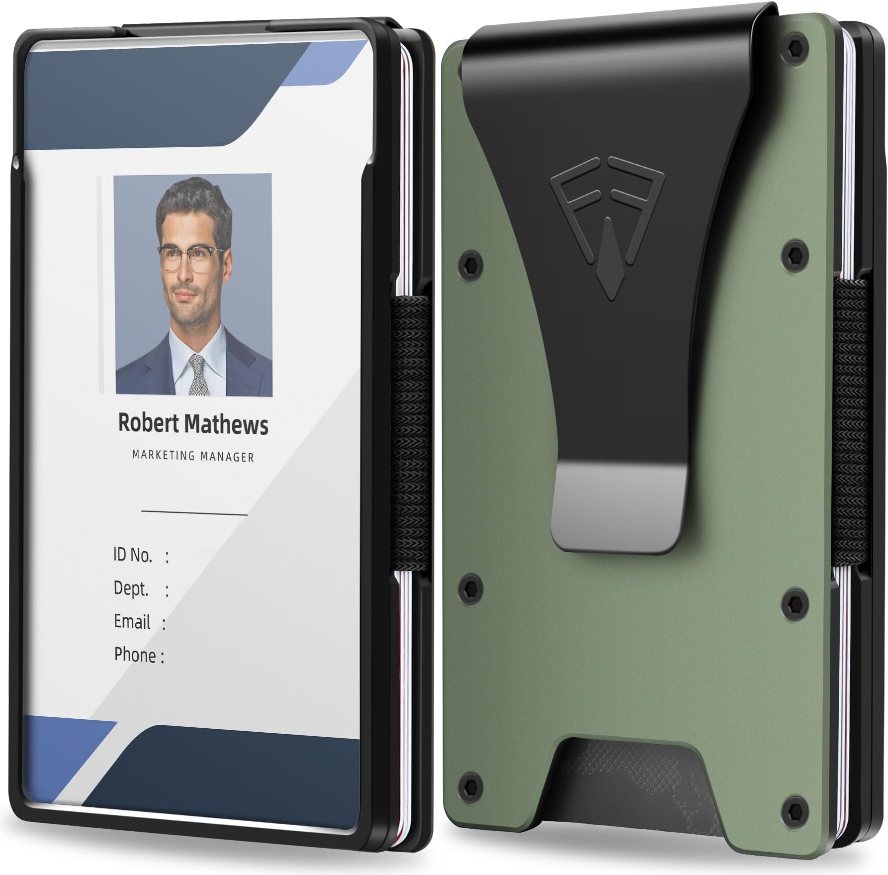 Slim Aluminum Metal Money Clip - Minimalist Wallet for Men with Clear ID Card Holder - Mens Wallet with RFID Blocking for Data Protection - Hold 15 Cards and Cash - Ideal Man Gift (Army Green)