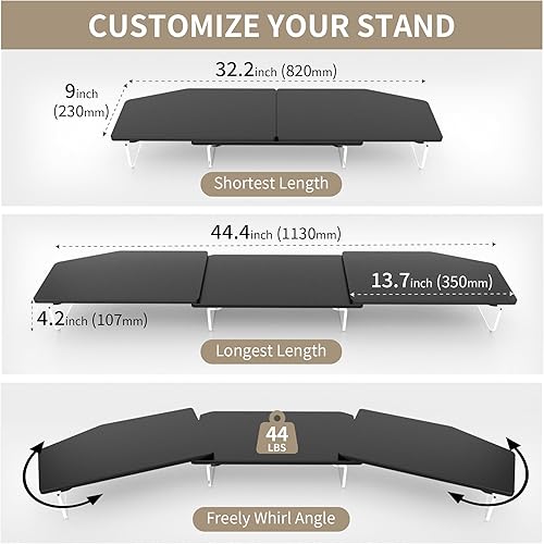 Miniatura 7 de Soporte elevador LED de doble monitor para 2 monitores, soporte de madera de escritorio de oficina, longitud y ángulo ajustables, 3 estantes,