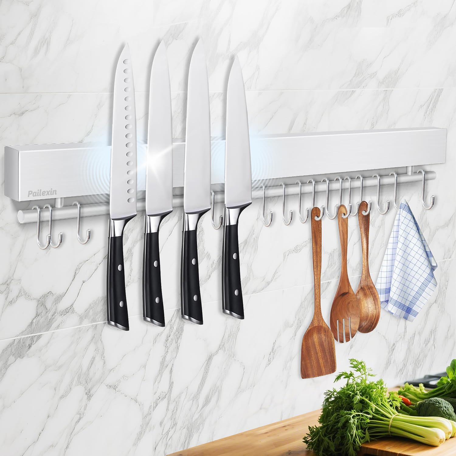 Magnetischer Messerhalter für die Wand, Edelstahl, Magnet-Messerleiste, ohne Bohren, mit 15 Haken/Klebeband/Schrauben, Küchenutensilienhalter, magnetischer Messer-Organizer, Wandmontage,