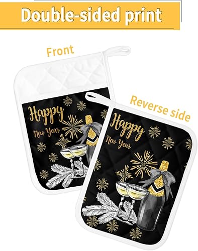Miniatura 2 de Juego de 2 soportes para ollas de cocina con diseño de feliz año nuevo, antideslizantes y aislantes de calor, juego de agarraderas de tela de toalla